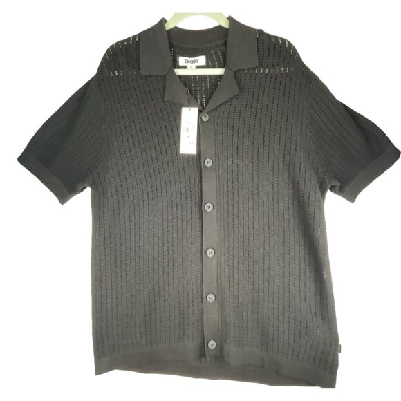 DKNY Mens  Size M Black Short-Sleeve Open-Knit Button-Up Shirt - Picture 1 of 11